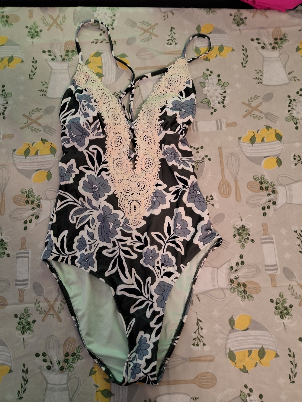 Cupshe Black and Light Blue Floral One-Piece Swimsuit with Ivory Lace Trim